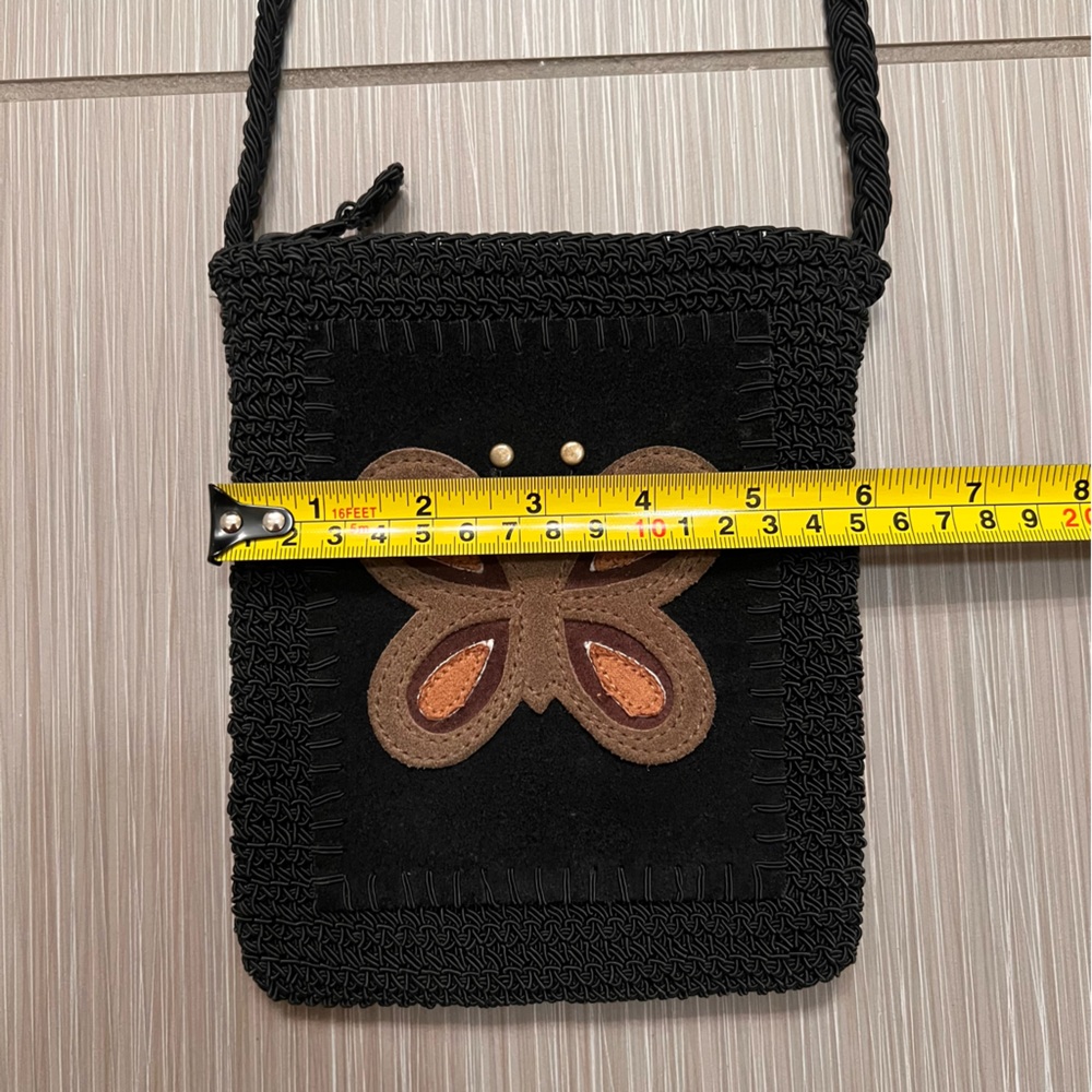 Vintage 90s Y2K Butterfly Crochet Crossbody Bag purse black brown orange leather - Picture 5 of 9